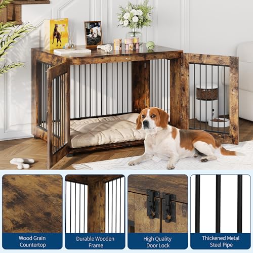 23.6" Dog Crate Furniture, Wooden Kennel with Locking Double Doors, Chew-Resistant Indoor Pet Cage End Table for Small Breeds, Brown - Image 6