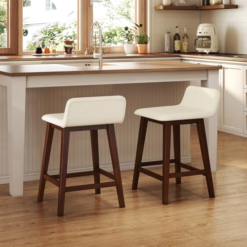 Conjunto de 4 butacos tapizados de madera COSTWAY, altura 24 pulgadas, color marrón + beige | Butacos sin brazos con respaldo bajo, reposapiés resistente y patas de madera de caucho para isla de cocina, bistró y comedor miniatura 7