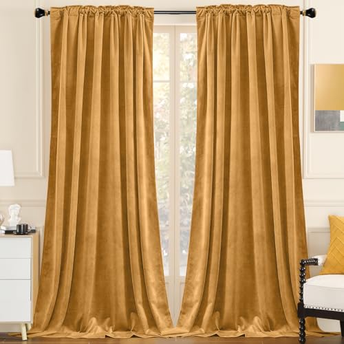 Nemia Mustard Yellow Velvet Curtains Thermal Insulated Blackout Curtain for Bedroom Window Living Room Darkening Luxury Vintage 96 Inches Long Heavy Drapes Panels Rod Pocket Set of 2