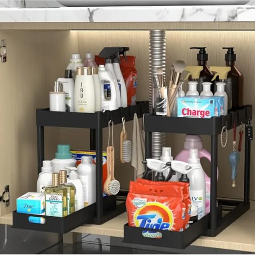 Estante para gabinete de lavabo expandible de 2 niveles, organizador bajo lavabo de acero inoxidable, sin herramientas, resistente al óxido y de alta resistencia (Negro) miniatura 3