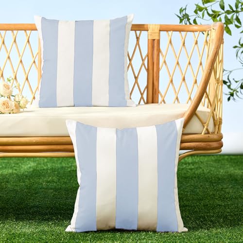 Image of Allorry Outdoor Pillow Covers 20x20 Set of 2 Sky Blue Striped Decoration Throw Pillow Covers for Spring Fall Outdoor Waterproof Garden Patio Furniture Sofa Bed Home Decor JB007-K20