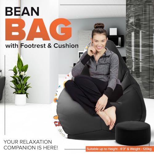 Image of Amazon Brand - Solimo Premium Faux Leather Bean Bag Combo with Footrest & Cushion, Filled with Beans | Capacity: Upto 6 Ft 3 in Height, 120 KG Weight | 4XL | Movie Time | Black