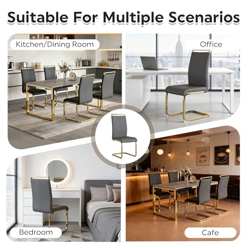 Image of Baysitone Modern Dining Chairs Set of 6, Side & Kitchen Chairs with Gold Frame, Faux Leather Padded Seat High Back, for Dining, Kitchen & Living Room - Dark Grey