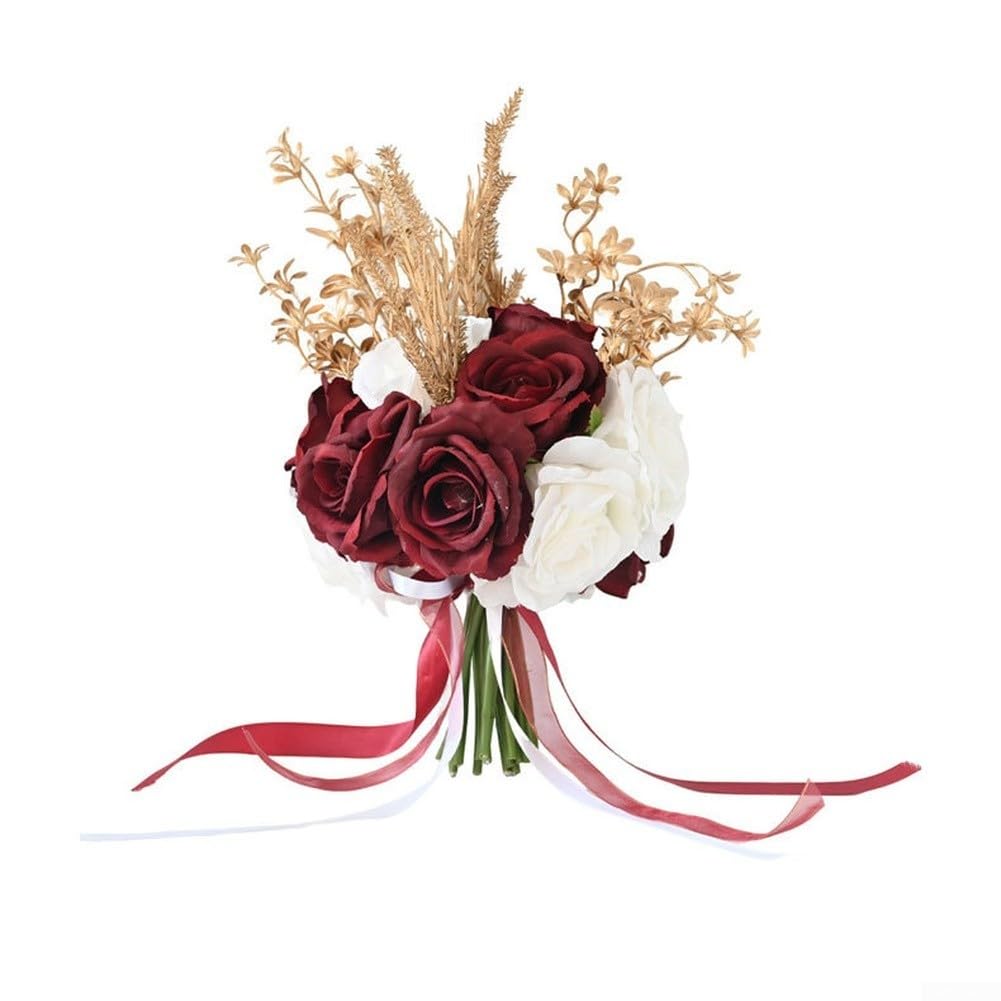 Bouquet da sposa realistico con rose in seta con fiocco – elegante decorazione per matrimoni per damigelle d'onore (stile 1)