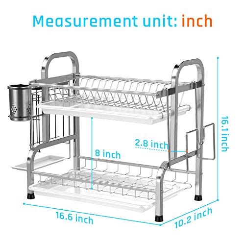 Dish Drying Rack, iSPECLE 304 Stainless Steel 2-Tier Dish Rack with Utensil Holder, Cutting Board Holder and Dish Drainer for Kitchen Counter