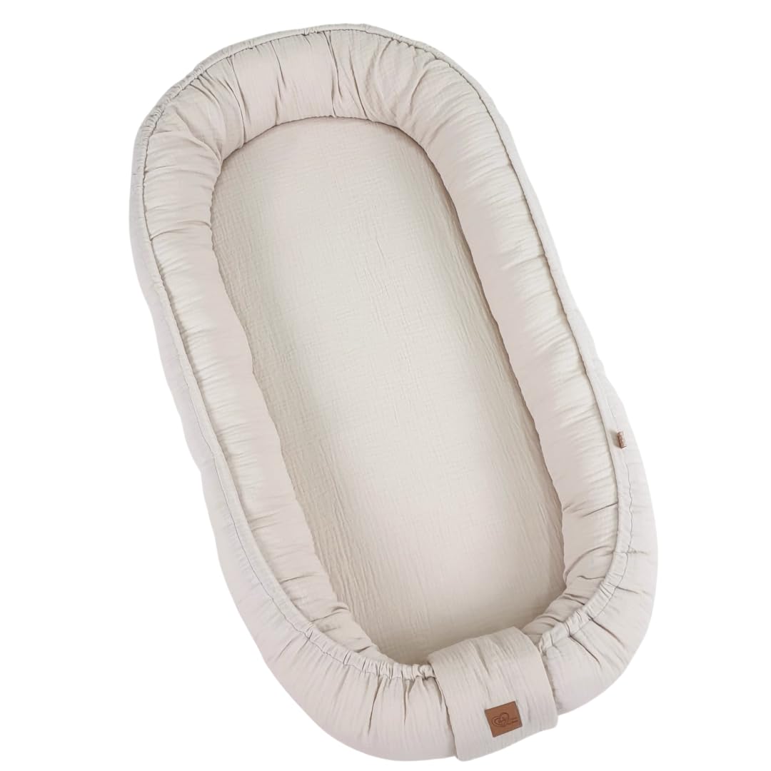 WIKLINOPOL Babynest, Nestchen für Neugeborene – Baby Nestchen 80x46 cm in Beige, Tragbares Nest aus Musselin - Baby Nest für Neugeborene mit herausnehmbarer Matratze