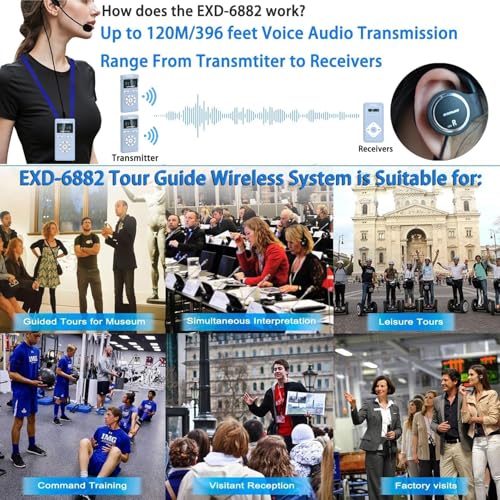 Sistema inalámbrico para guías turísticos EXMAX EXD-6882 con auriculares, transmisión de voz clara y operación de una tecla (2 transmisores, 25 receptores y estuche de carga de 32 ranuras) miniatura 5