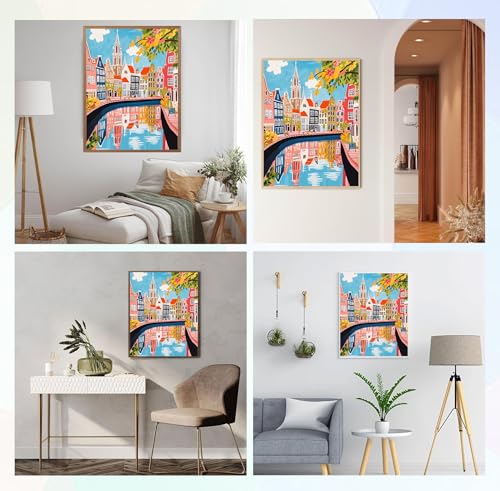Image of QENSPE Diamond Painting Art Kits for Adults, DIY Landscape Full Drill Diamond Art for Beginners, 5D Colorful Houses Round Diamond Dots Paintings Gem Art Crafts for Home Wall Decor Gifts 30x40cm