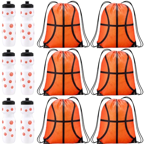 Talltalk 12 Pcs Basketball Party Favors 24 oz Basketball Water Bottle Gift for Team with Drawstring Bag Tumbler Cup Sports Themed Accessories for Event Gift Supplies
