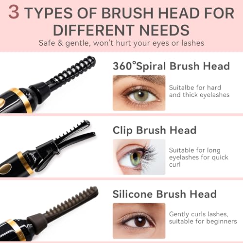 Vznffur Heated Eyelash Curler, 10s Fast Heating 3 Temp Settings, Eye Lash Curler Heat with with 3 Kind of Detachable Brush Head Covers, No Lashes Damage, Natural Curling 24H for Women - Black — view 3