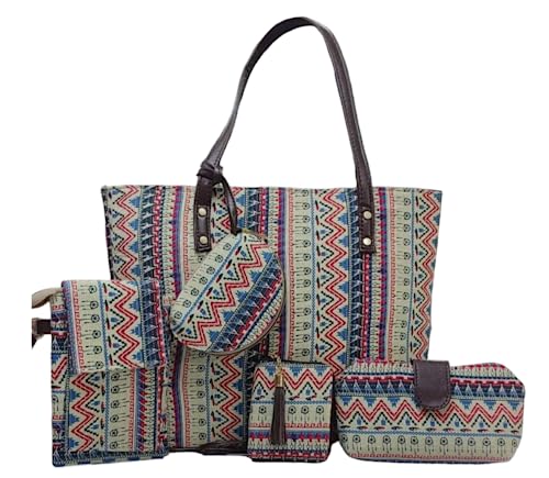Image of P S Traders Online Women's Traditional Ikkat Cotton 5 Pieces Combo Bag - Pink