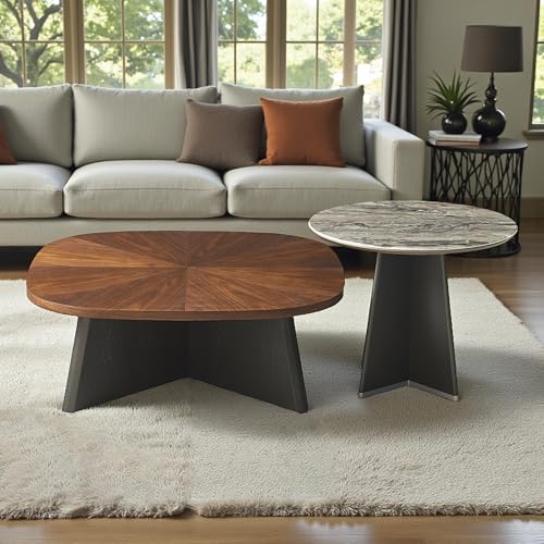 Image of The Attic Eclisse Modern Walnut & Stone Coffee Table Set - Designer Dual-Height Center Table with Artistic Geometry for Living Room Decor