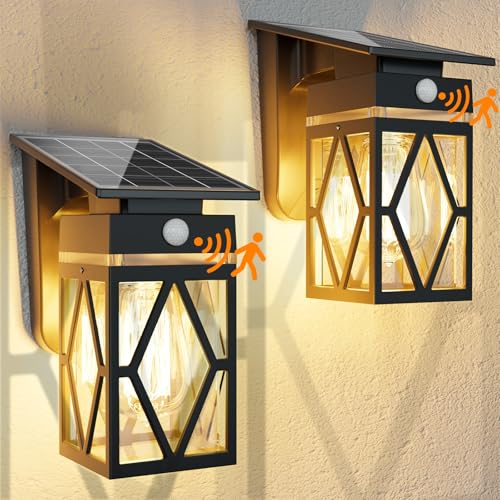 Cybrasc 2 Pack Solar Porch Lights Outdoor, Dusk to Dawn & Motion Sensor Solar Wall Light with Lantern Shape, 3 Modes IP65 Waterproof, E26 Bulb Exterior Sconce for Front Porch, Garage, Patio Security