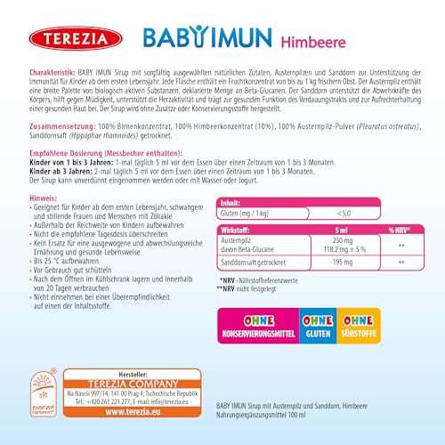 TEREZIA Immunsystem Stärken Kinder Fruchtsirup - Multivitamin Komplex, Vitamin C, Enthaltet Austernpilz und Sanddorn mit Himbeerengeschmack – 100ml | Dosierung 1 Teelöffel täglich (Himbeere)