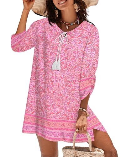 Image of Zeagoo Tassel Tie Neck 3 /4 Long Sleeve Mini Sundress