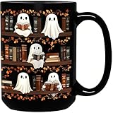 BORULEEY Halloween Cute Ghost Reading Coffee Mug, 15 oz Black Ceramic Tea Cup, Spooky Book Mug for Book Lovers & Readers, Novelty Fun Festive Bookish Gift for Women, Friends & Coworkers