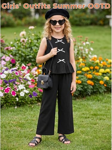 Image of Girls' Clothing Sets Sleeveless Bow Crop Top Wide Leg Linen Pants 2026 Summer Outfits Cute Kids Clothes