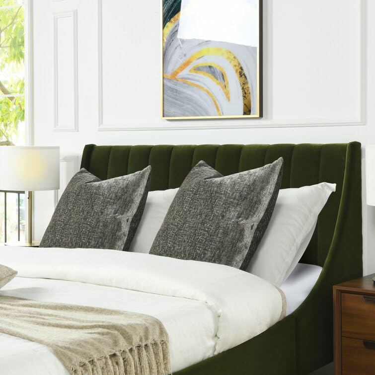 Image of HITHOS Solid Wood Modern Upholstered Queen Size Bed with Wingback Headboard | Wooden Double Bed Cot Palang Without Storage (Olive Green) 1 Year Warranty