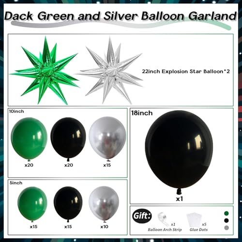 Image of Black and Green Silver Balloon Arch Kit with Explosion Star Balloons, 105pcs Emerald Forst Green and Chrome Metallic Silver Balloons Garland for Wedding Birthday Football Graduation Party Decorations