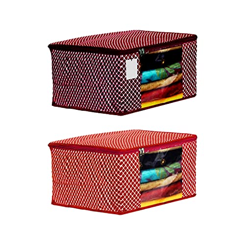 Image of Foldable Wardrobe|Set Cover|Cotton Saree Cover Closet Orgnizer /Saree Bags For Wardrobe Orgnizer Clothe Covers |Saree Cover With Zip|Wardrobe Bag (Pack of 2, Maroon + Red)