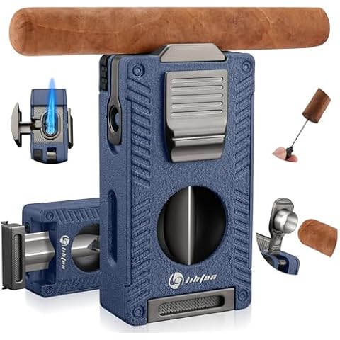 LIHTUN Cigar Torch Lighter, All-in-1 Cigar Lighter Built-in Cigar Holder Cigar Punch Cigar Draw Enhancer Cigar Cutter V Cut, Double Jet Flame Refillable Butane Lighters for smoking, Cigar Gift for Men Cover