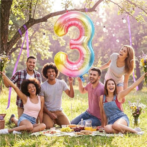 Image of Rainbow Number Balloons Birthday Balloons - Giant Number 3 Balloon 40 inch, Numbers Balloon Birthday Decorations, Rainbow Party Supplies for Baby Shower