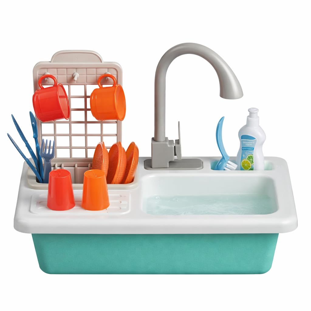Kids Kitchen Sink Toy Playset with Running Water, 14 PCS Pretend Play Dish Washing Set for Toddlers, Interactive Kitchen Role Play Toy for Boys & Girls
