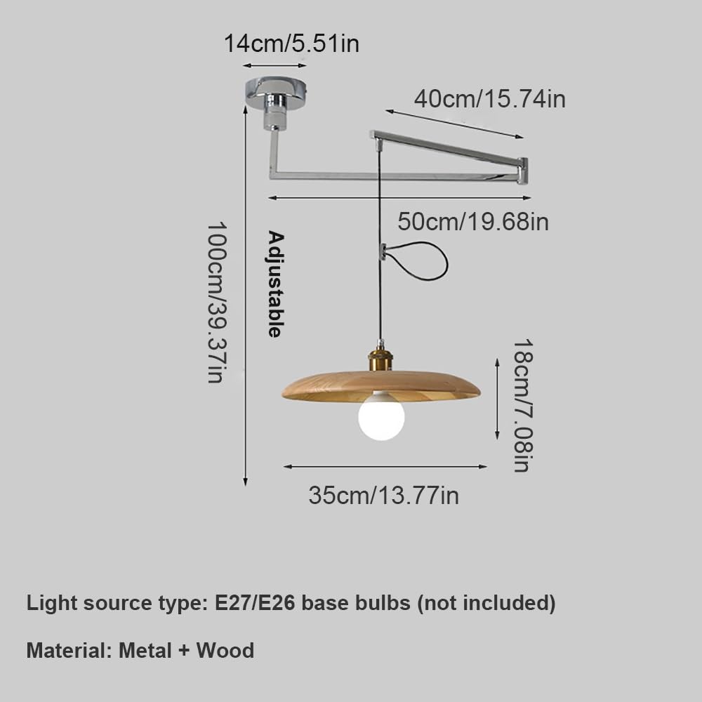 Moderne Pendelleuchte mit Schwenkarm, Hängelampe aus Holz als Leselicht Kronleuchter Verstellbar für Schlafzimmer Esszimmer Arbeitszimmer(35cm/13.78in)