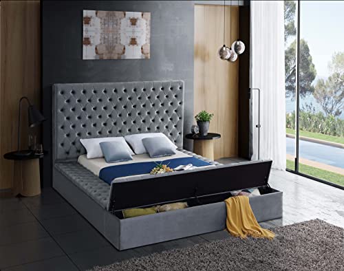 Meridian Furniture Bliss Collection Modern | Contemporary Velvet Upholstered Bed with Deep Button Tufting and Storage Compartments in Rails and Footboard, Gray, King - Thumbnail 5