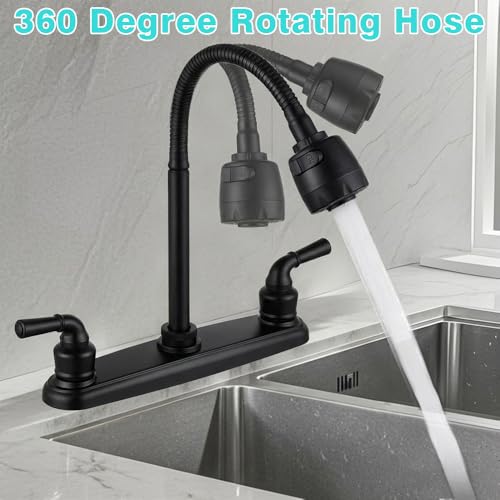 Image of RV Kitchen Faucets,Flexible Spout RV Kitchen Sink Faucet Replacement with Two Handle-8 inch Main Body,High Arch-360 Swivel Replace for RV Home Campers Motorhomes Travel Trailers,Black