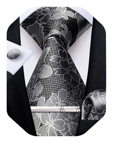 Image of DiBanGu Silk Floral Ties for Men Woven Paisley Necktie and Tie Clip Handkerchief Cufflinks Set for Party Wedding