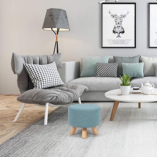 Edeco Modern Round Ottoman Foot Rest Stool/Seat With Linen Fabric And Non-Skid Wooden Legs (Blue) #TOP1