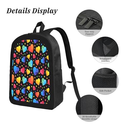 3PCS Backpack for Women Men With Lunch Box Pencil Bag 17 Inch Lightweight Adjustable Strap Back Pack 3 In 1 Set Colorful Love Design Casual Daypack Unisex Fit Travel Work Camping4
