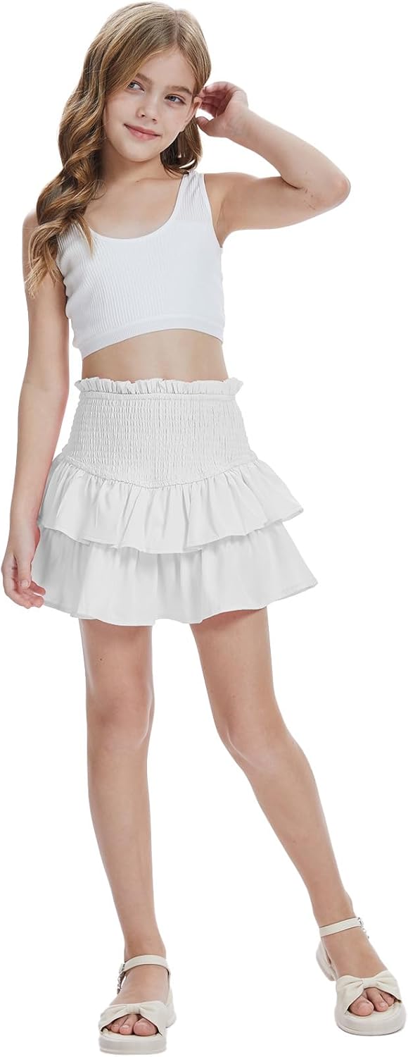 Girls Mini Skirts High Elastic Waisted Tiered Smocked Ruffle Skirt with Shorts US Size 4-15 - Image 6