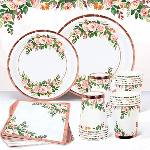 Sage Green Paper Plates Napkins Cups Set, 96Pcs Green Gold Party Tableware, Disposable Plates Baby Shower Plates Cups and Napkins for Birthday Party Supplies,Baby Shower,Jungle Safari Party Decoration
