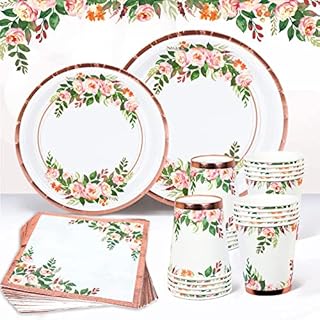 Rose Gold Party Plates Cups and Napkins Party Tableware, 96Pcs Pink Floral Paper Plates Cups Napkins, Baby Shower Plates, Disposable Plates for Tea Party Baby Shower Birthday Party Wedding Anniversary