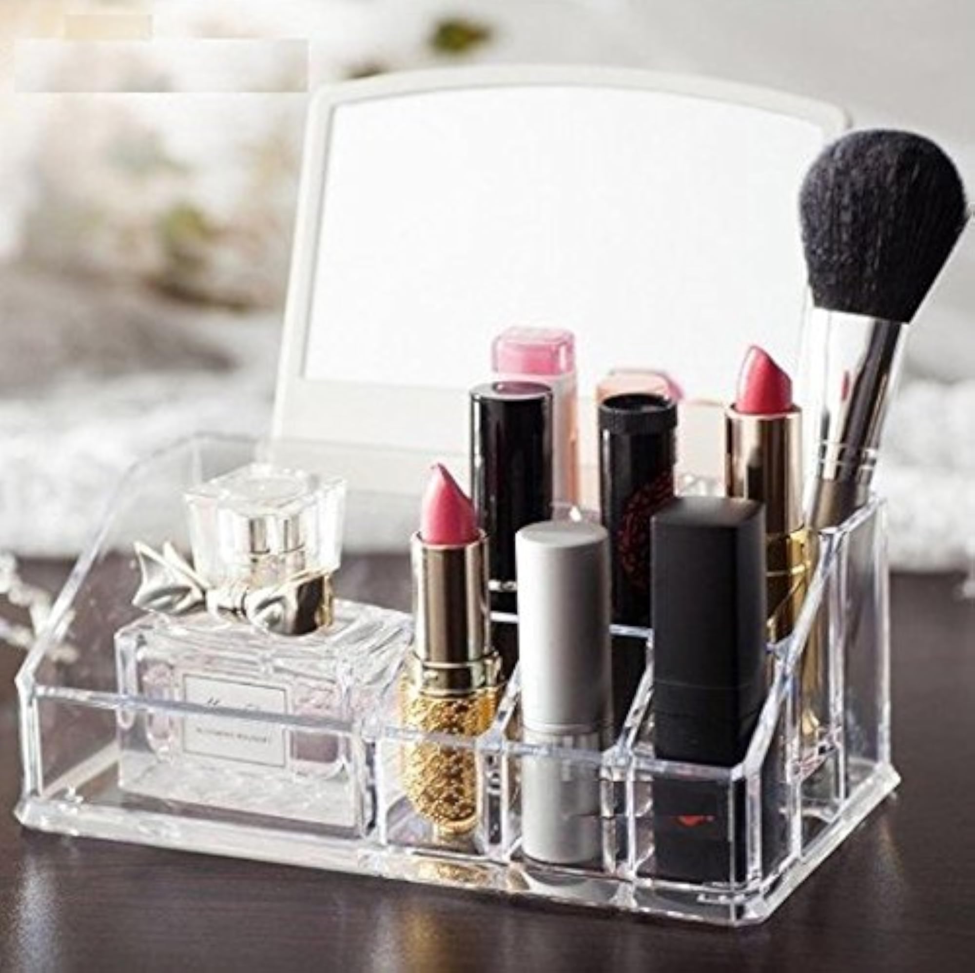 Acrylic Makeup Cosmetic Display Stand with Mirror, Organizer