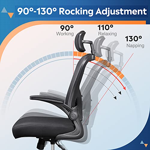 Devaise Mesh Computer Office Chair, High Back Ergonomic Desk Chair With Flip-Up Armrests And Adjustable Headrest, Backrest And Lumbar Support, Black #TOP4
