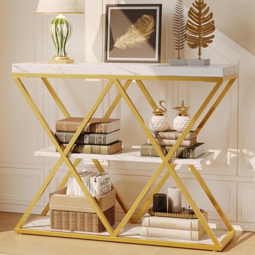 Garvee 3-Tier Entryway Table, Industrial Console Sofa Table with Storage, Accent Table with Open Shelves, X-Shaped Gold Metal Frame, Foyer Table for E