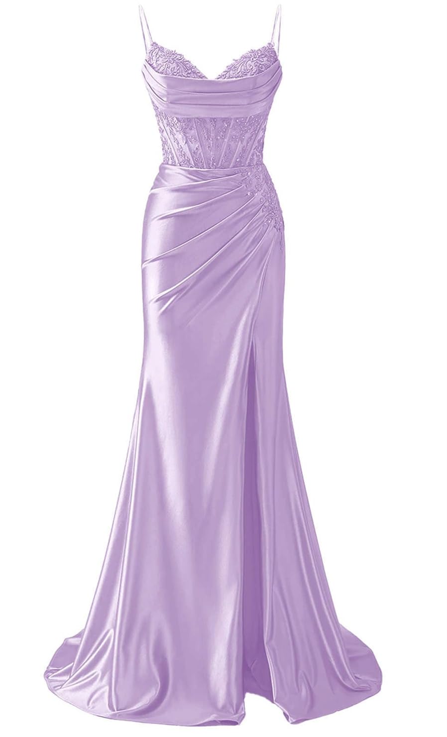 Yiann Women's Lilac Spaghetti Strap V Neck Prom Dresses With Lace Applique Slit Satin Ball Gown Formal Party Dress Uk16