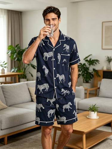 Image of Mens Pajamas Set Short Sleeve Sleepwear Summer Pjs Button Down Pijamas Set Modal 2PCS Pj Set with Pockets, Navy Zebra-XL