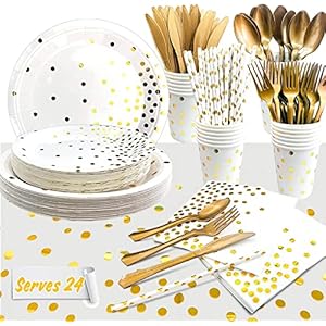 Set de Vajilla Reutilizable, 193 Pcs Blanco con Puntos Dorados – Platos, Tazas Pajitas Servilletas Cuchillos Tenedores Cuchara y Mantel, para Cumpleaños,Fiesta, Bodas,Aniversarios(Sirve 24)