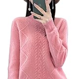 Pull en laine à fleurs torsadées pour femme, col haut à manches longues en laine, pull chaud en cachemire d'automne et d'hiver, rose, 38