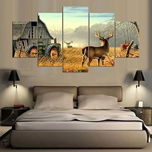 Peinture moderne cerf majestueux 5 panneaux avec cadre en bois 150 cm