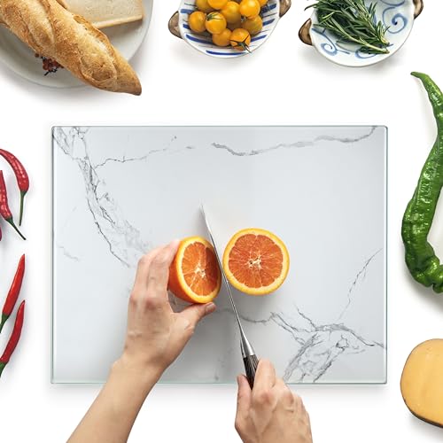 Kitchenville Glasschneidebrett 40×30 cm – Hygienisches Schneidebrett aus gehärtetem Glas – Hitzebeständig, Kratzfest & Rutschfest – Glasplatte für die Küche – Weiße Marmoroptik
