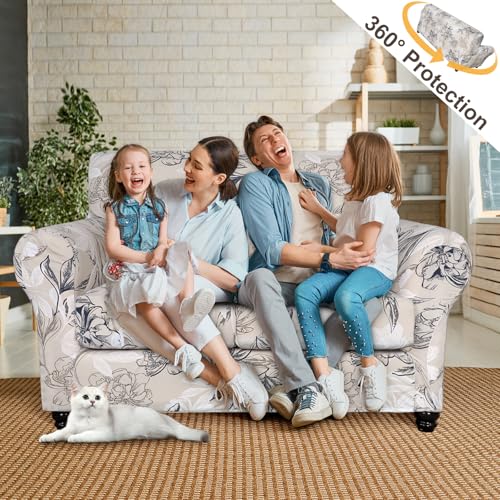 SearchI Sofa Cover Couch Covers, 3 Pieces Sofa Slipcover with 2 Separate Cushion Covers Stretch Soft Furniture Protector for Living Room Couch Cover for Pets Kids(Loveseat, Beige+Flower) - Thumbnail 2