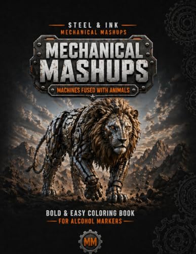 Steel & Ink: Mechanical Mashups, Machines Fused with Animals Coloring Book for Alcohol Markers: 50 Bold and Easy Mechanical Mashup Scenes for Adults; Features Unique mechanical animal designs