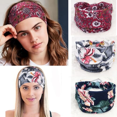 3 Pcs Hairbands for Women Workout Yoga Twisted Knotted Wide Headbands Soft Fashion Elastic Floral Headwrap Lady’s Sports Hair Accessories Band(Red,Dark blue,White)