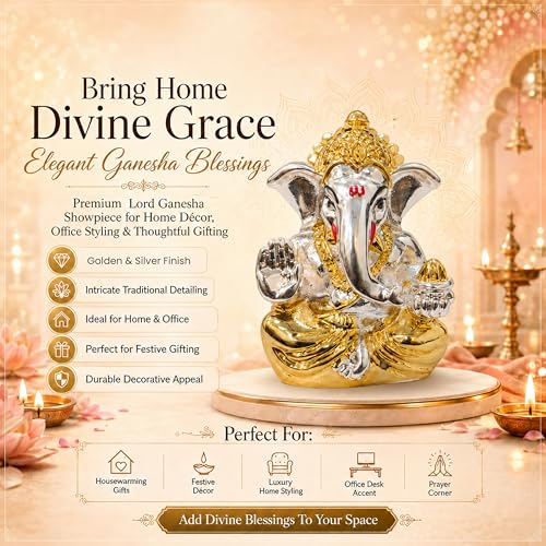 Image of Rousrie 24k Gold and 999 Pure Silver Plated Ganesha Idol, 2.5 Inch, Attracts Prosperity, Luxury Gift Box Included, for Wedding and Housewarming