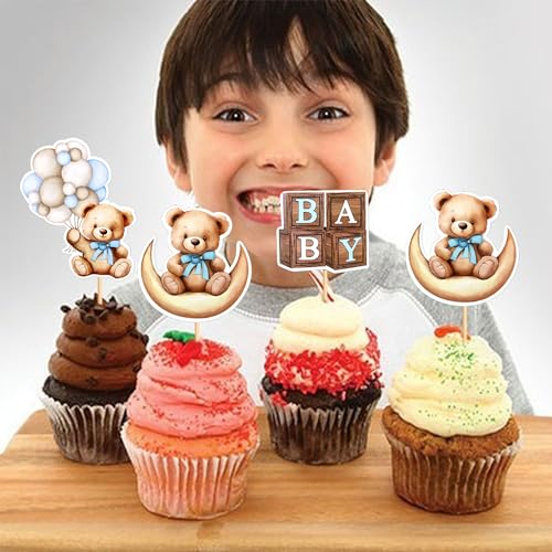 Cyodoos CYODOOS006 36 Pcs Baby Shower Bear Cupcake Toppers Selection Baby Bear Theme Baby Shower Decorative Supplies Jungle Animal Theme Baby Shower Birthday Party Cake Decorative Supplies Blue thumb #4